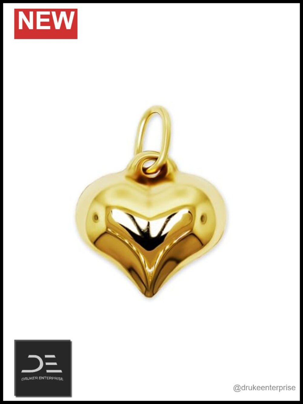 10K Gold Puffed Heart Charm Bead - Double Sided - 16mm